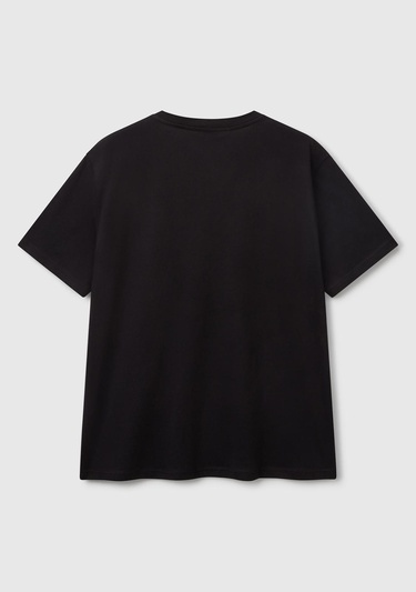  Erkek Siyah %100 Pamuk Önü Logo Baskılı Relax Fit T-Shirt