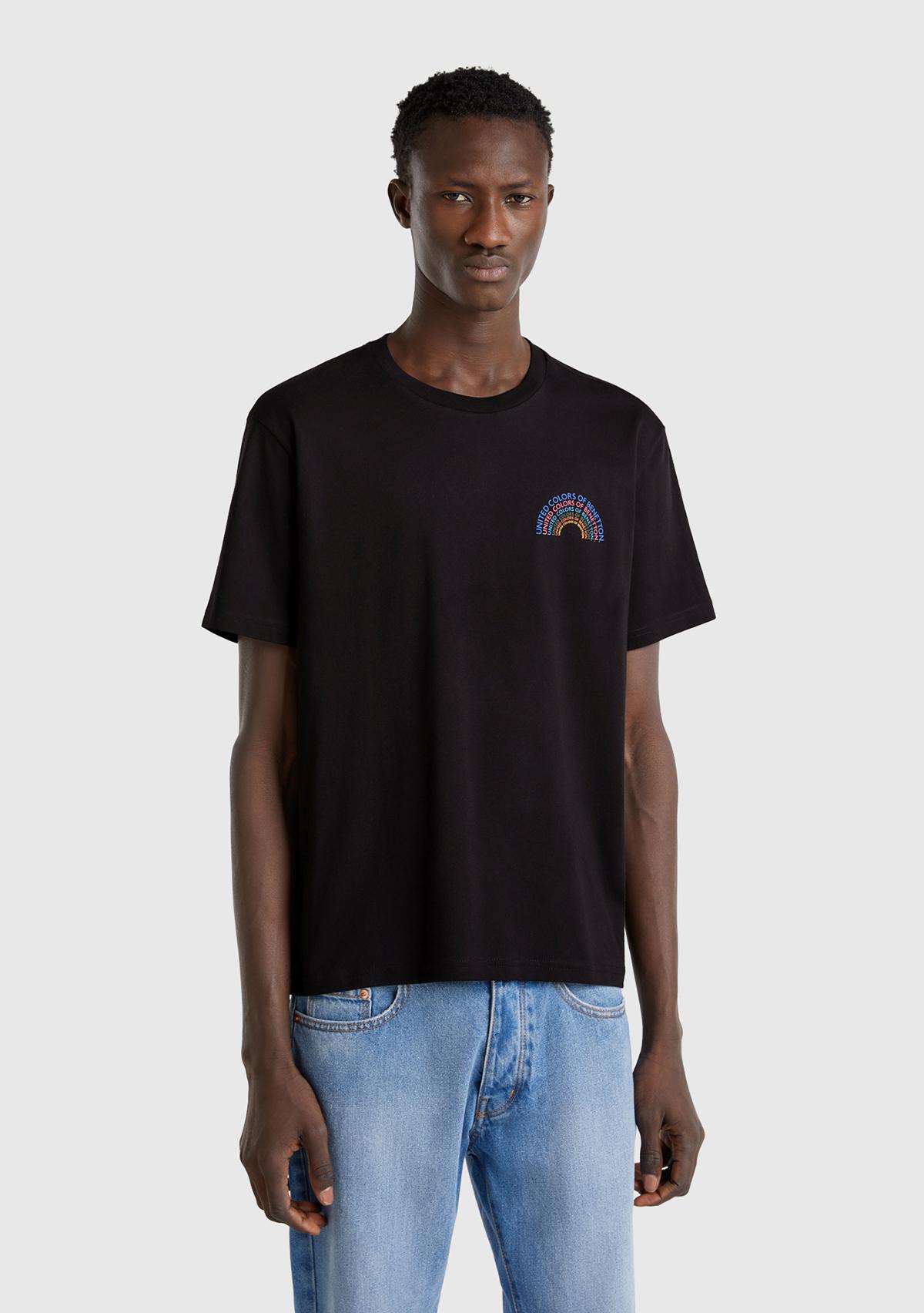  Erkek Siyah %100 Pamuk Önü Logo Baskılı Relax Fit T-Shirt