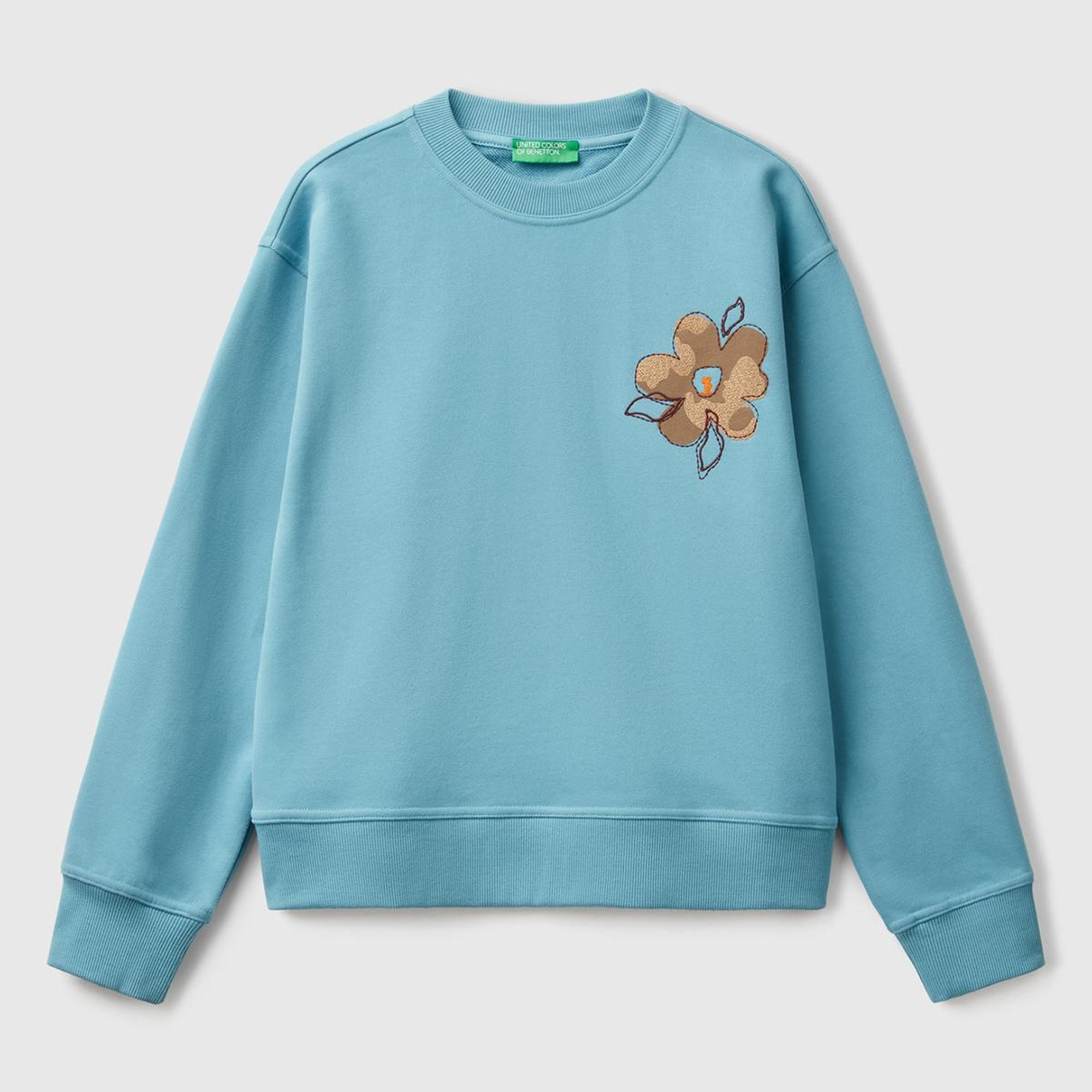 Kadın Mavi Koton Karışımlı Çiçek Desenli Sweatshirt