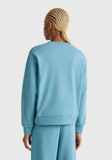  Kadın Mavi Koton Karışımlı Çiçek Desenli Sweatshirt