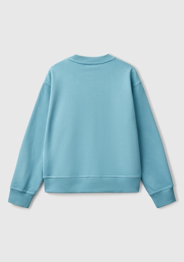  Kadın Mavi Koton Karışımlı Çiçek Desenli Sweatshirt