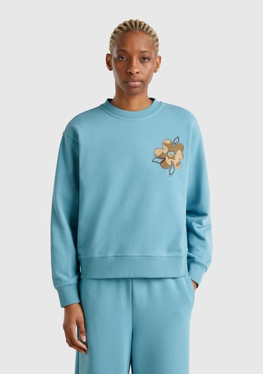  Kadın Mavi Koton Karışımlı Çiçek Desenli Sweatshirt