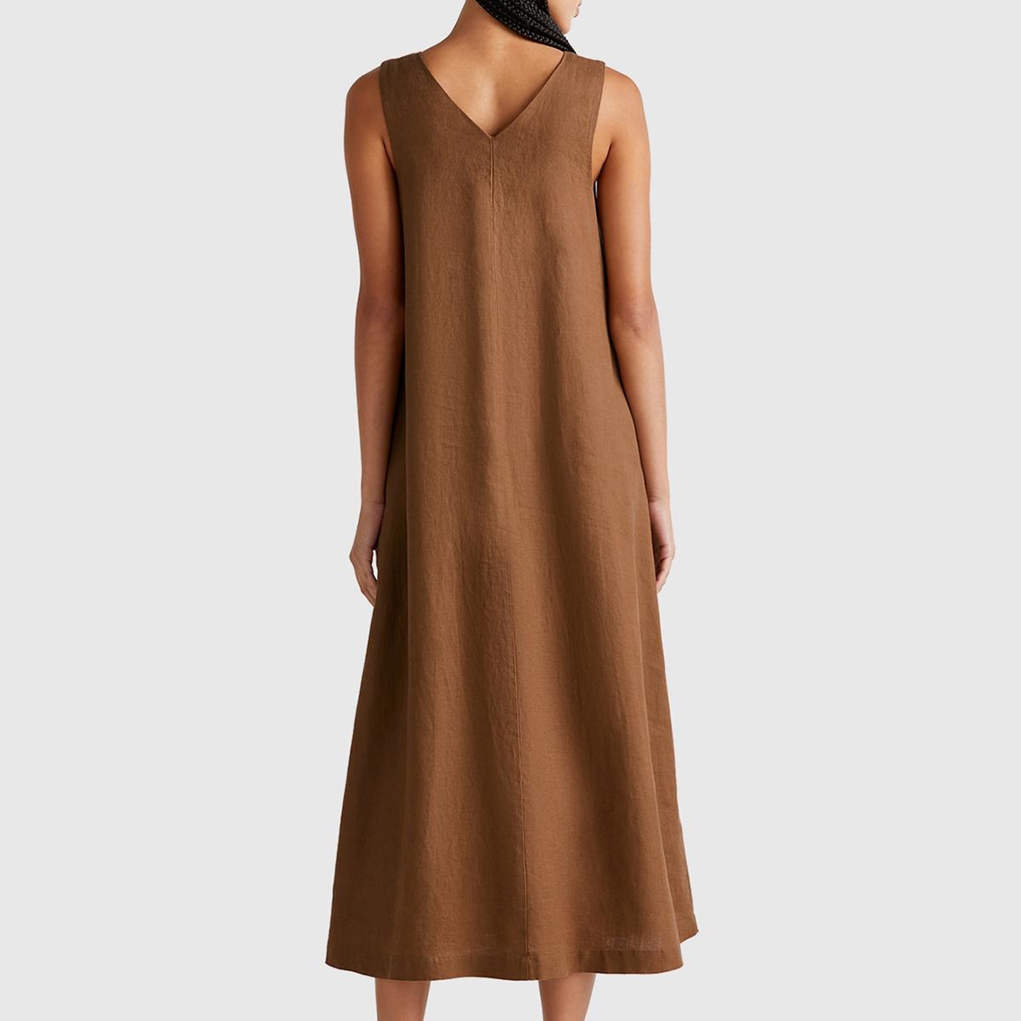 Kadın Kahverengi %100 Keten V Yaka Kolsuz A Kesim Midi Elbise