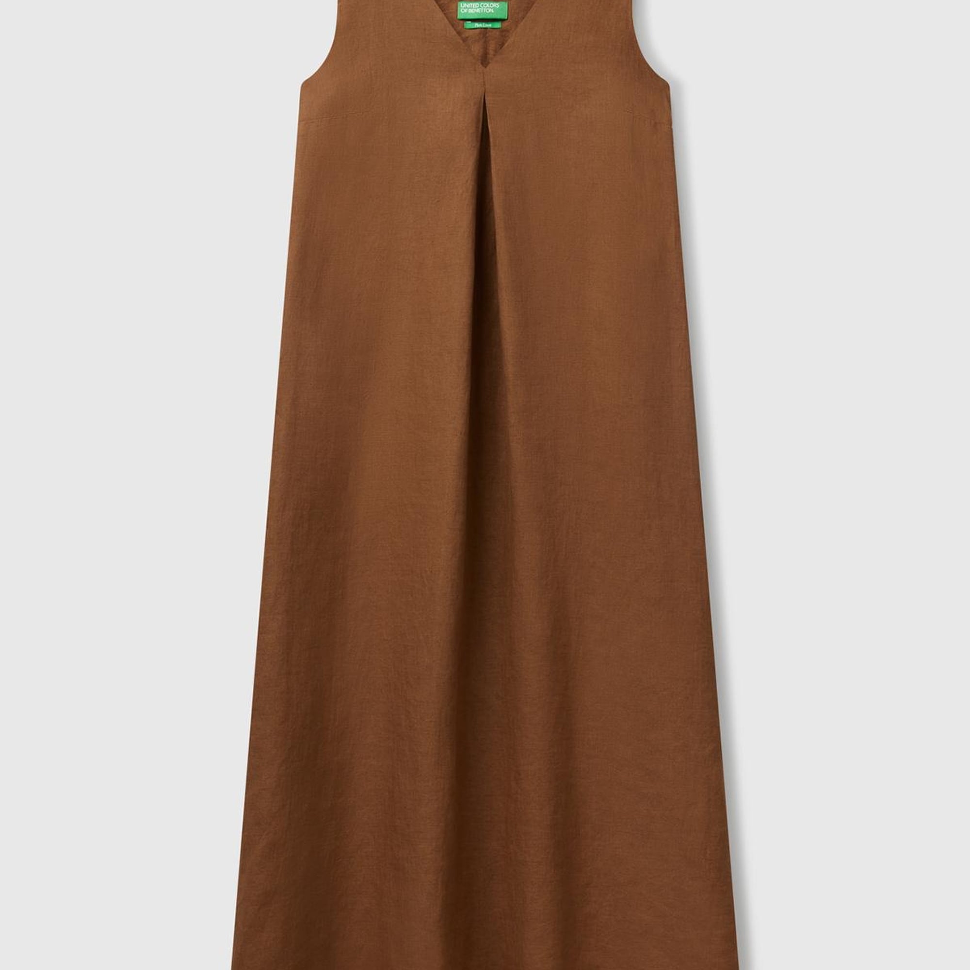 Kadın Kahverengi %100 Keten V Yaka Kolsuz A Kesim Midi Elbise