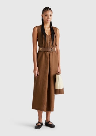  Kadın Kahverengi %100 Keten V Yaka Kolsuz A Kesim Midi Elbise