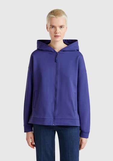  Kadın Lavanta Mavisi Logo Baskı Detaylı Kapüşonlu Relax Fit Sweatshirt