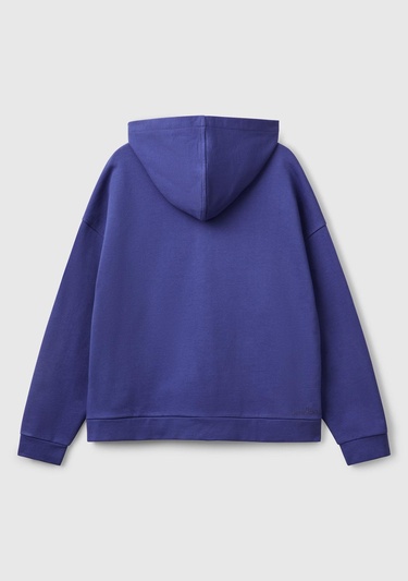  Kadın Lavanta Mavisi Logo Baskı Detaylı Kapüşonlu Relax Fit Sweatshirt