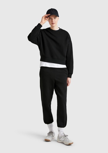  Kadın Siyah %100 Pamuk Manşetli Beli Lastikli Regular Fit Eşofman Altı