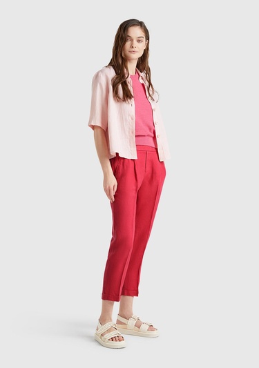  Kadın Fuşya %100 Keten Beli Lastikli Pantolon