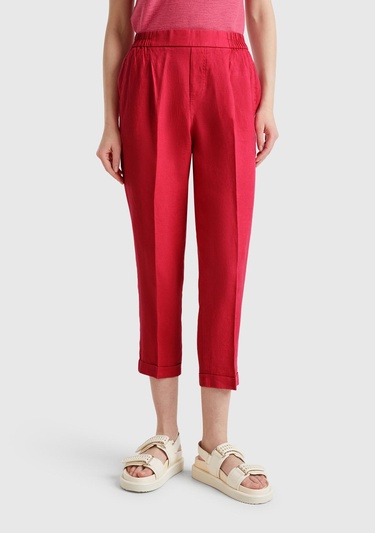  Kadın Fuşya %100 Keten Beli Lastikli Pantolon