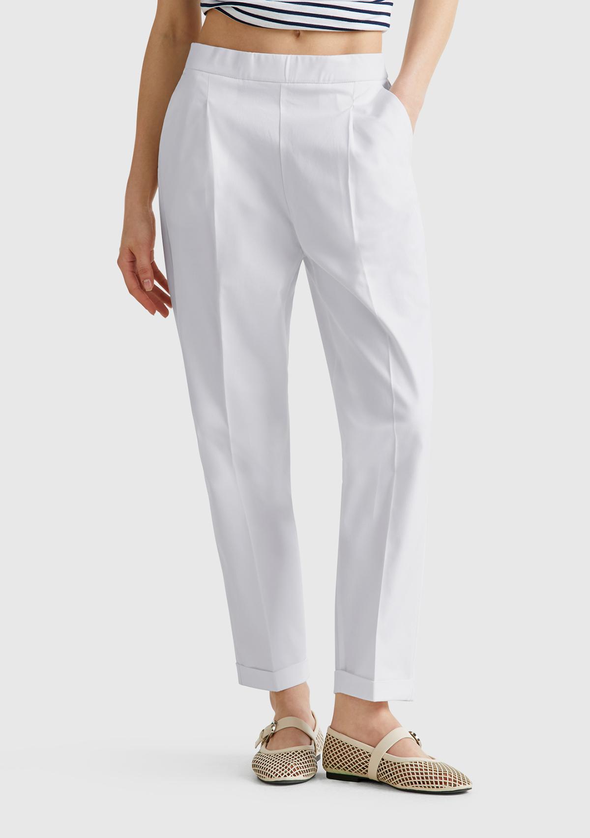  Kadın Beyaz Streç Pamuklu Arka Beli Lastikli Cepli Pantolon