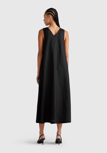  Kadın Siyah %100 Keten V Yaka Kolsuz A Kesim Midi Elbise