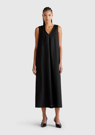  Kadın Siyah %100 Keten V Yaka Kolsuz A Kesim Midi Elbise