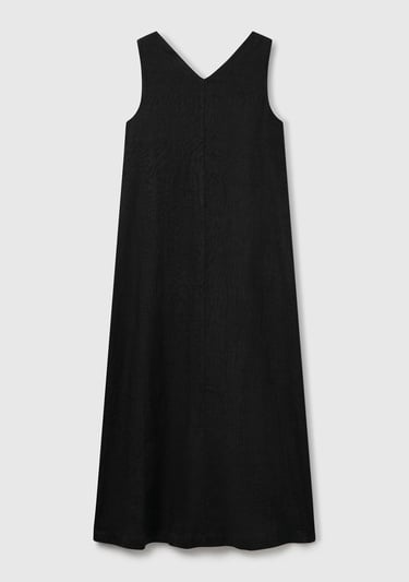  Kadın Siyah %100 Keten V Yaka Kolsuz A Kesim Midi Elbise