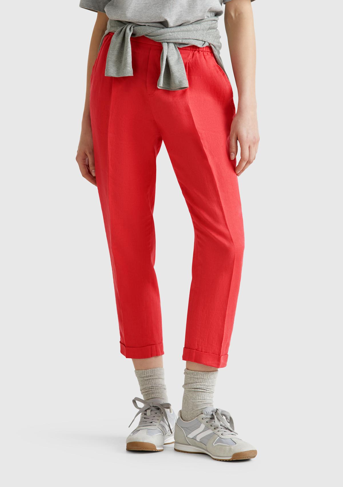  Kadın Mercan %100 Keten Beli Lastikli Pantolon