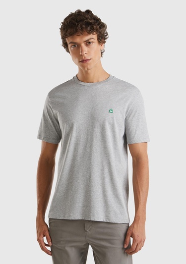  Erkek Gri Melanj %100 Koton Benetton Logolu Bisiklet Yaka T-Shirt
