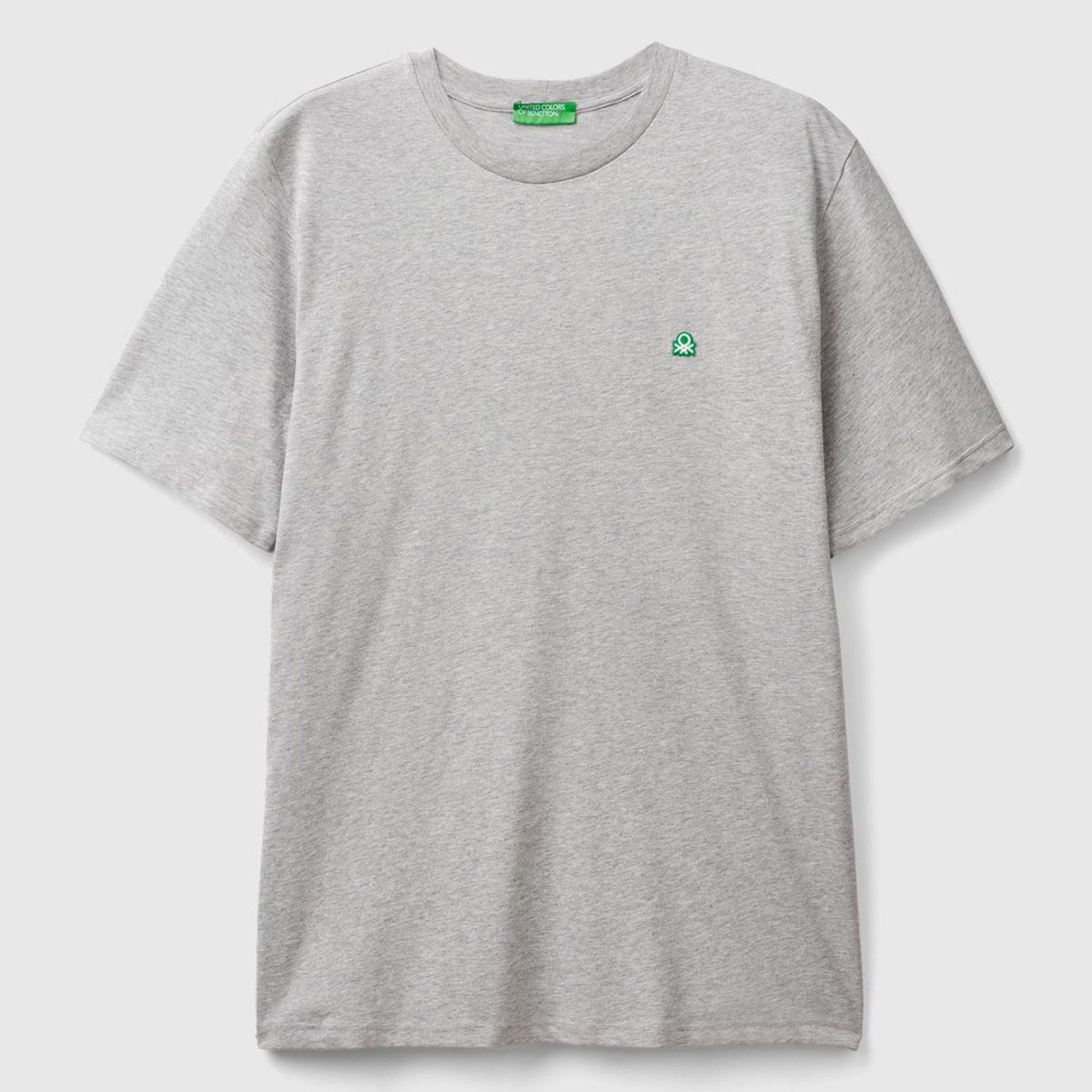 Erkek Gri Melanj %100 Koton Benetton Logolu Bisiklet Yaka T-Shirt