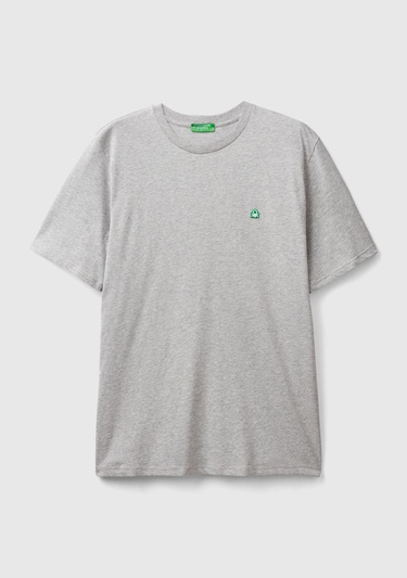  Erkek Gri Melanj %100 Koton Benetton Logolu Bisiklet Yaka T-Shirt