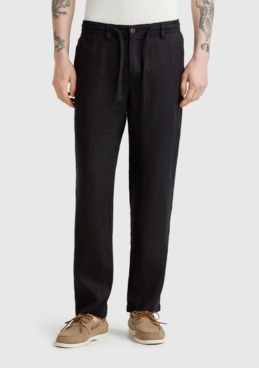  Erkek Siyah %100 Keten Beli İpli Pantolon