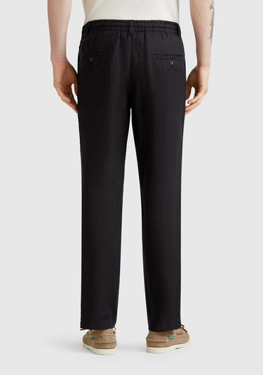  Erkek Siyah %100 Keten Beli İpli Pantolon