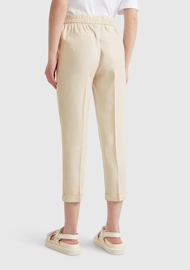  Kadın Taş Rengi %100 Keten Beli Lastikli Pantolon