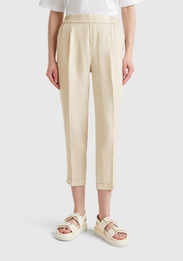  Kadın Taş Rengi %100 Keten Beli Lastikli Pantolon