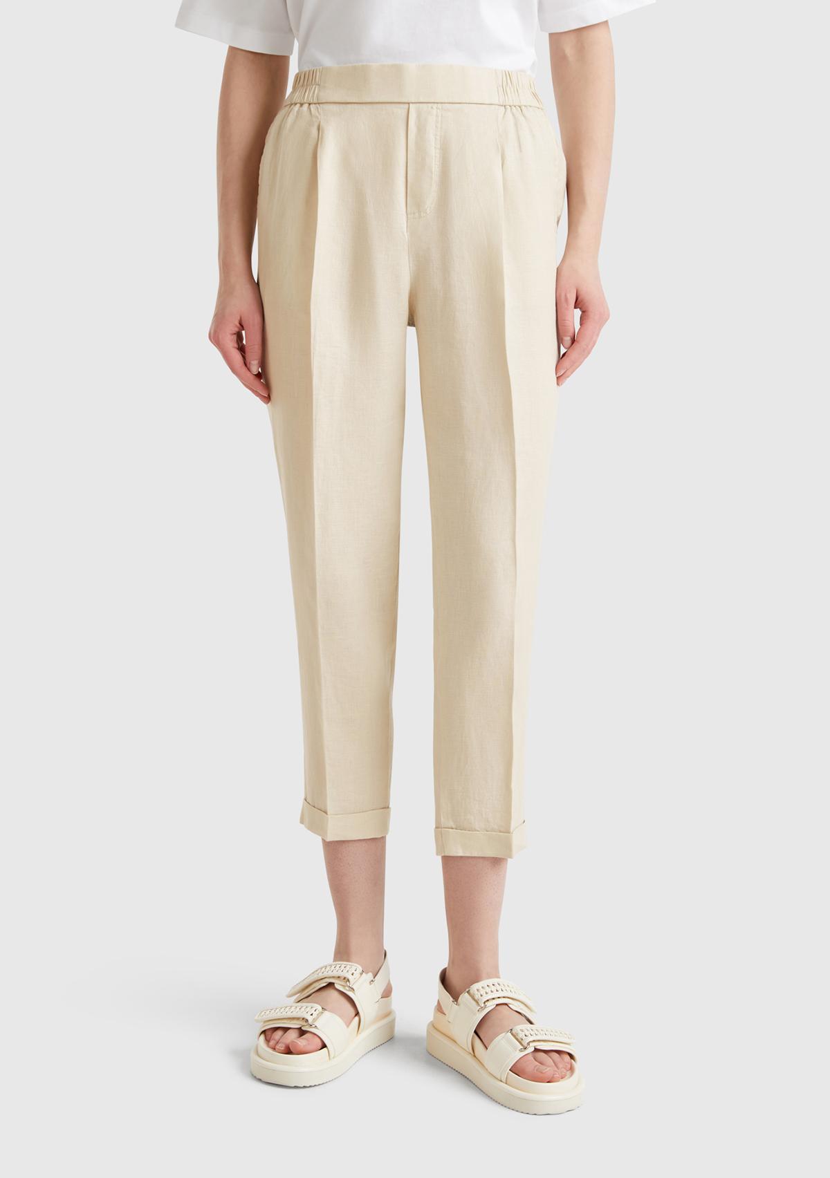  Kadın Taş Rengi %100 Keten Beli Lastikli Pantolon