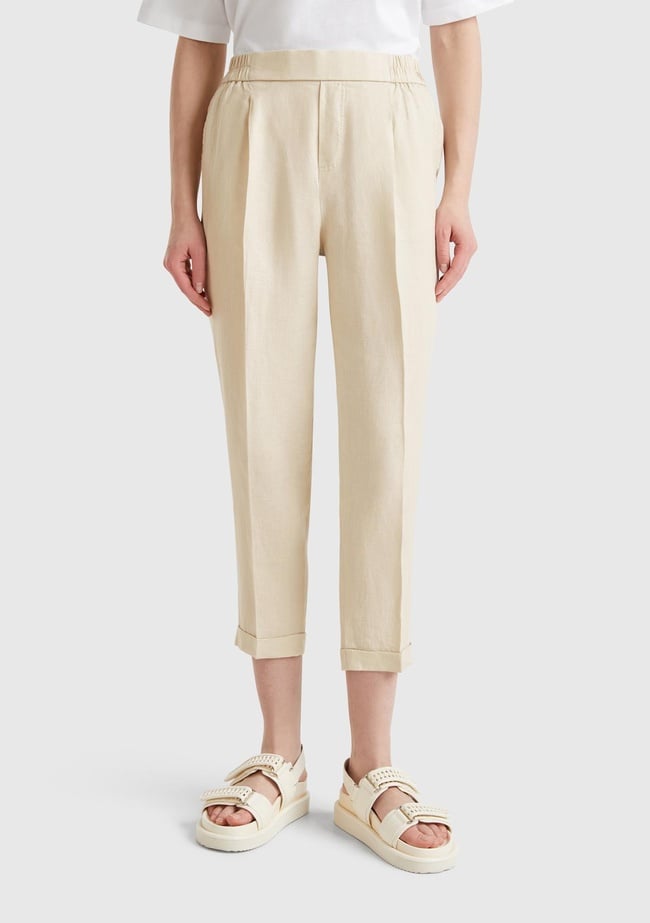  Kadın Taş Rengi %100 Keten Beli Lastikli Pantolon