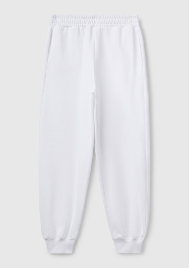  Kadın Beyaz %100 Pamuk Manşetli Beli Lastikli Regular Fit Eşofman Altı