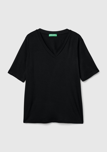  Kadın Siyah Eko-Viskoz Regular Fit V Yaka T-Shirt