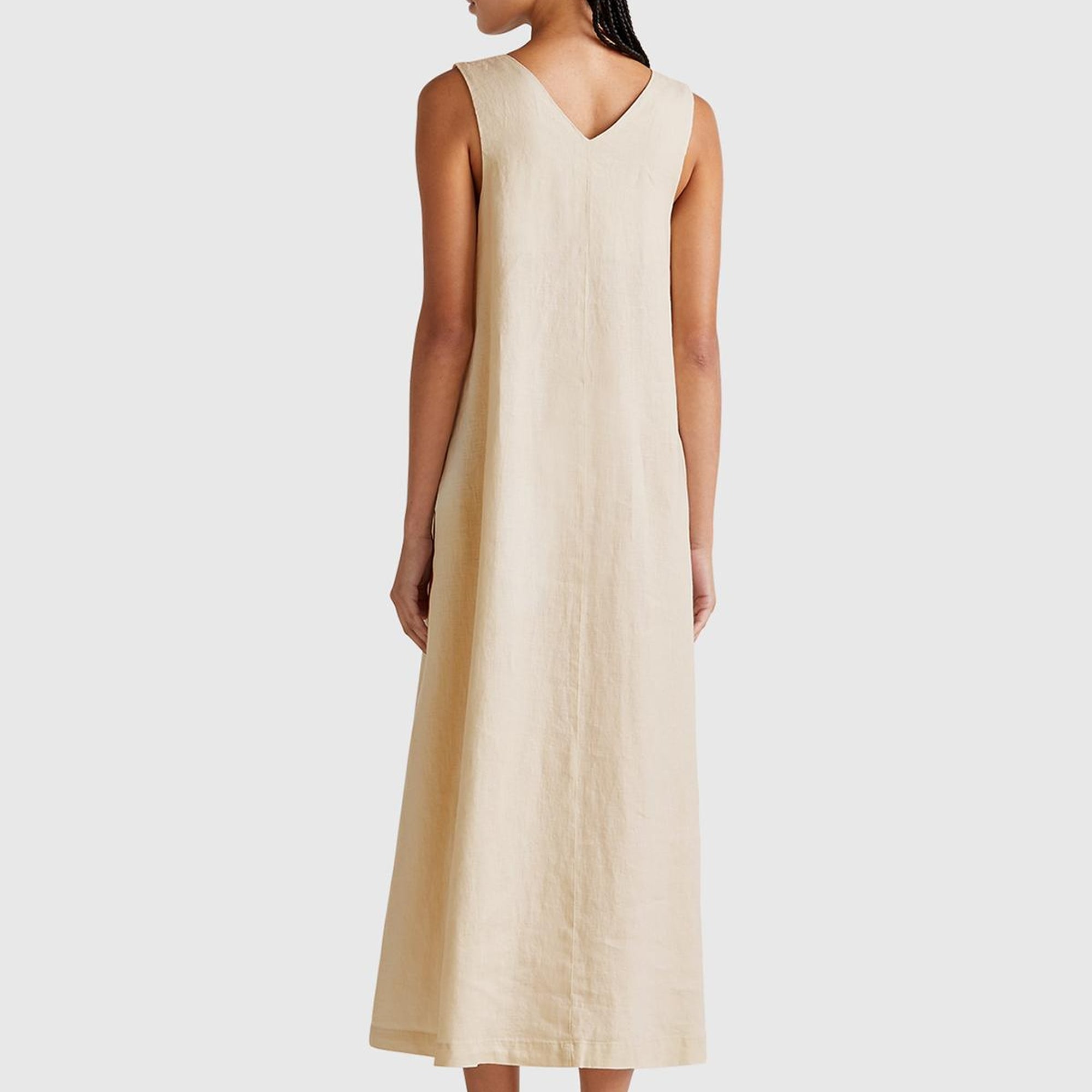 Kadın Taş Rengi %100 Keten V Yaka Kolsuz A Kesim Midi Elbise