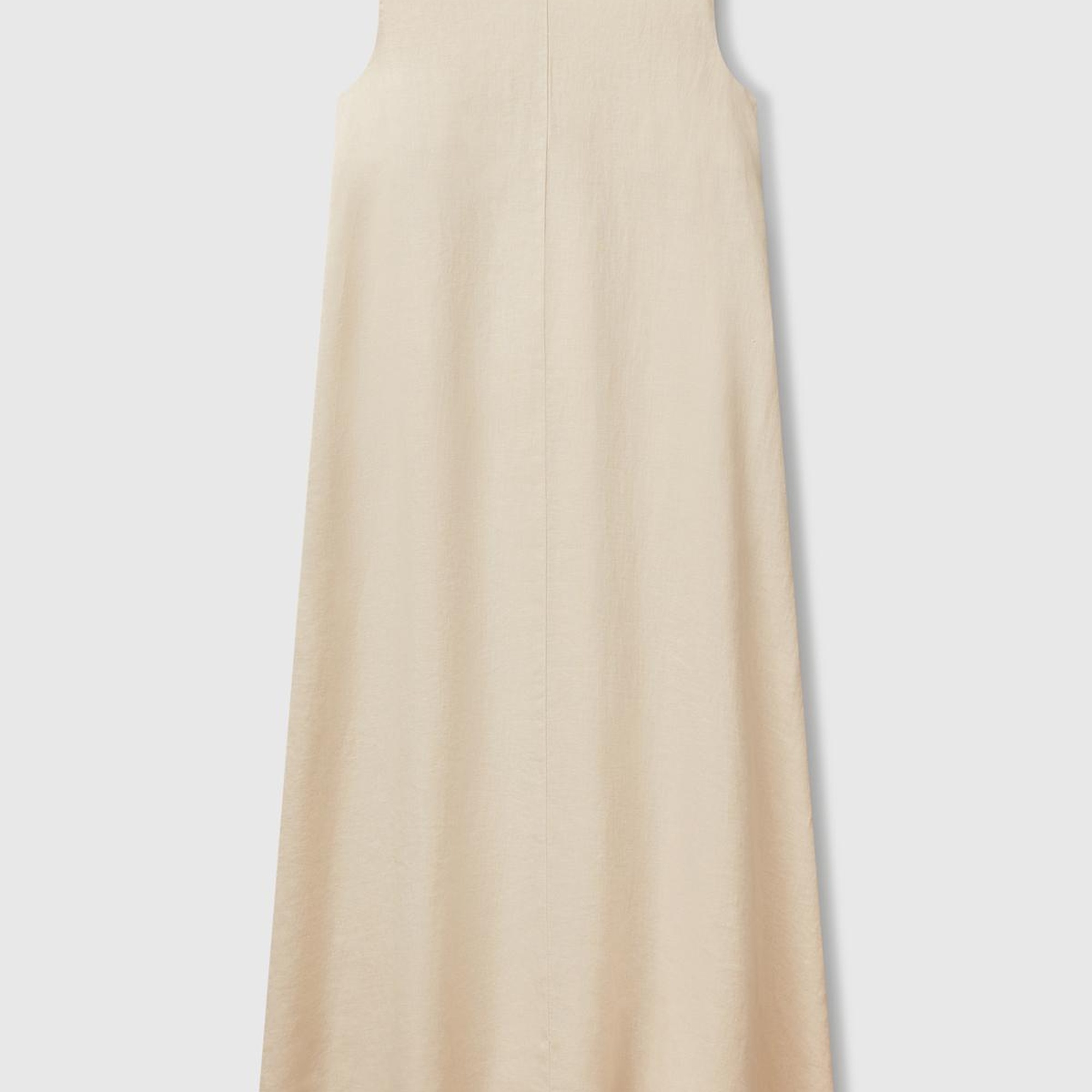 Kadın Taş Rengi %100 Keten V Yaka Kolsuz A Kesim Midi Elbise