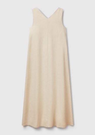  Kadın Taş Rengi %100 Keten V Yaka Kolsuz A Kesim Midi Elbise