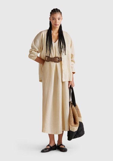  Kadın Taş Rengi %100 Keten V Yaka Kolsuz A Kesim Midi Elbise