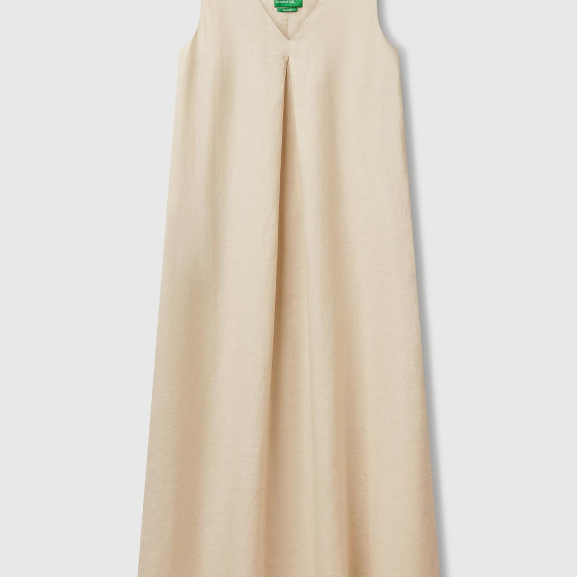 Kadın Taş Rengi %100 Keten V Yaka Kolsuz A Kesim Midi Elbise