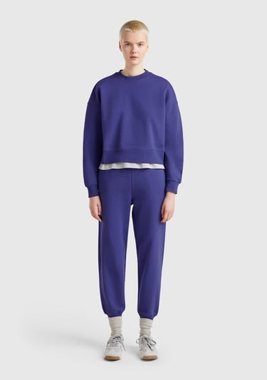  Kadın Lavanta Mavisi %100 Pamuk Manşetli Beli Lastikli Regular Fit Eşofman Altı