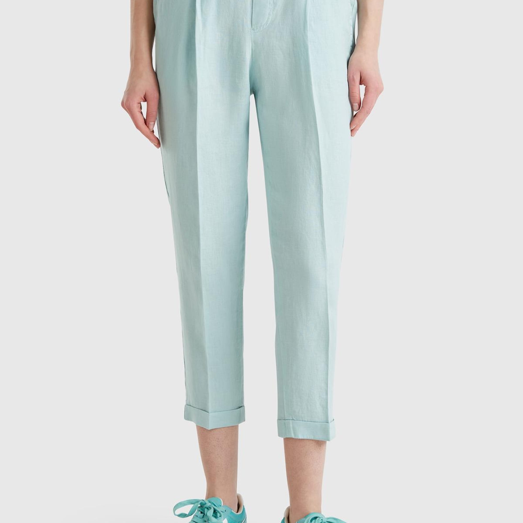 Kadın Su Yeşili %100 Keten Beli Lastikli Pantolon