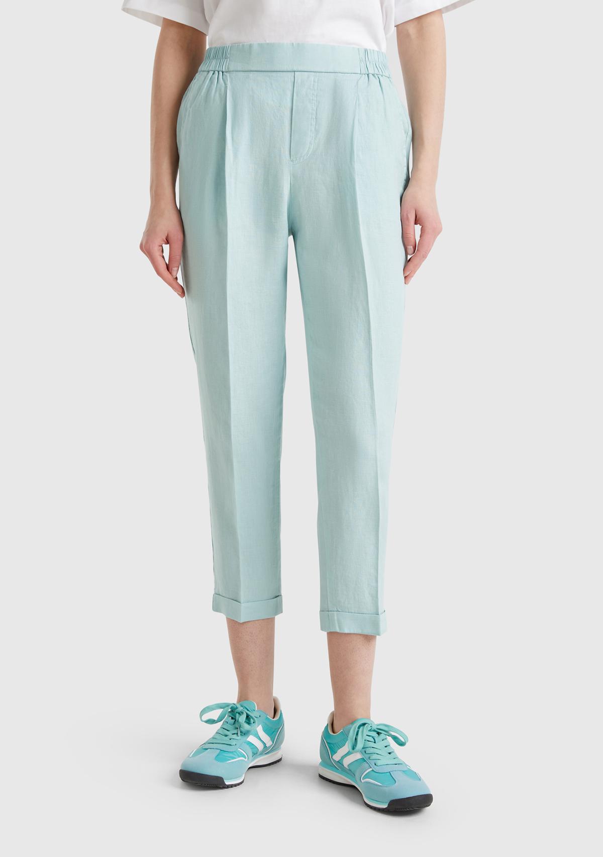  Kadın Su Yeşili %100 Keten Beli Lastikli Pantolon