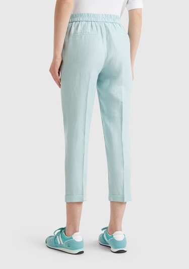  Kadın Su Yeşili %100 Keten Beli Lastikli Pantolon