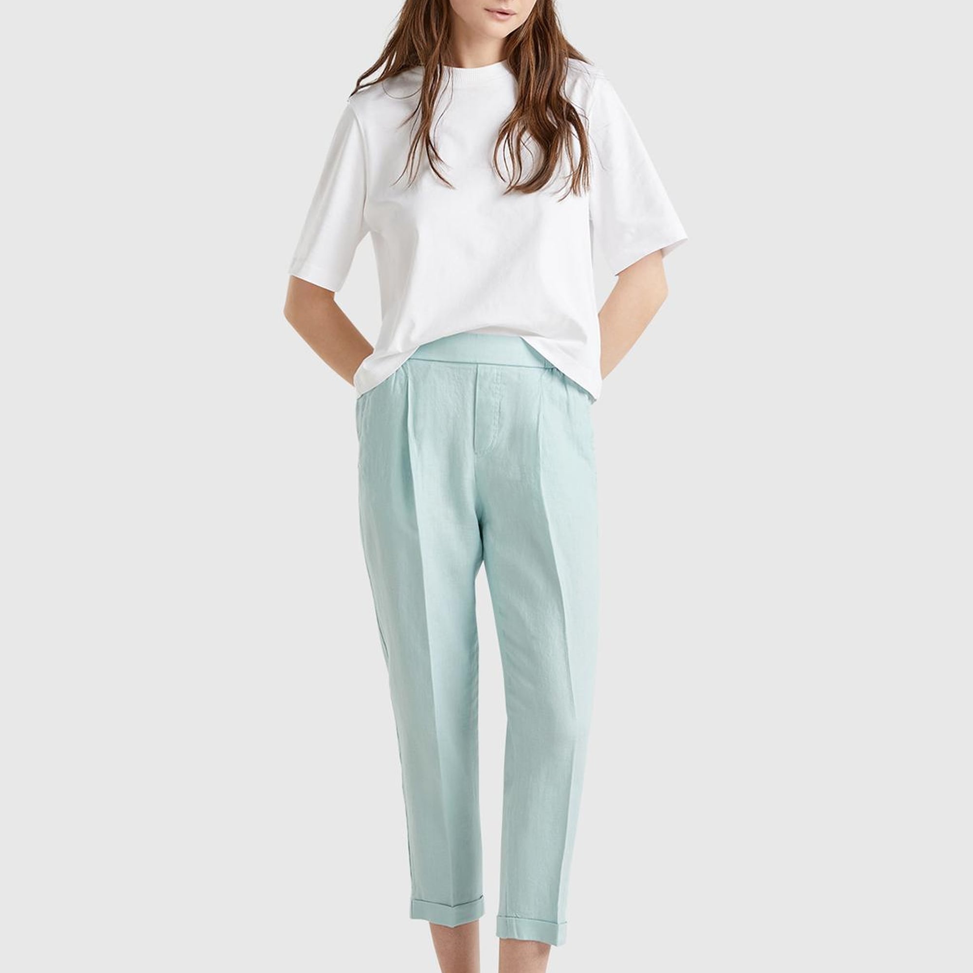 Kadın Su Yeşili %100 Keten Beli Lastikli Pantolon