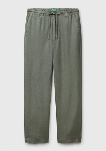  Erkek Soluk Yeşil %100 Keten Beli İpli Pantolon