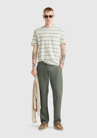  Erkek Soluk Yeşil %100 Keten Beli İpli Pantolon