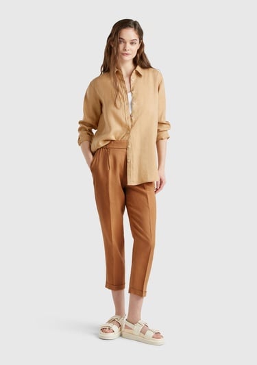  Kadın Bej %100 Keten Beli Lastikli Pantolon