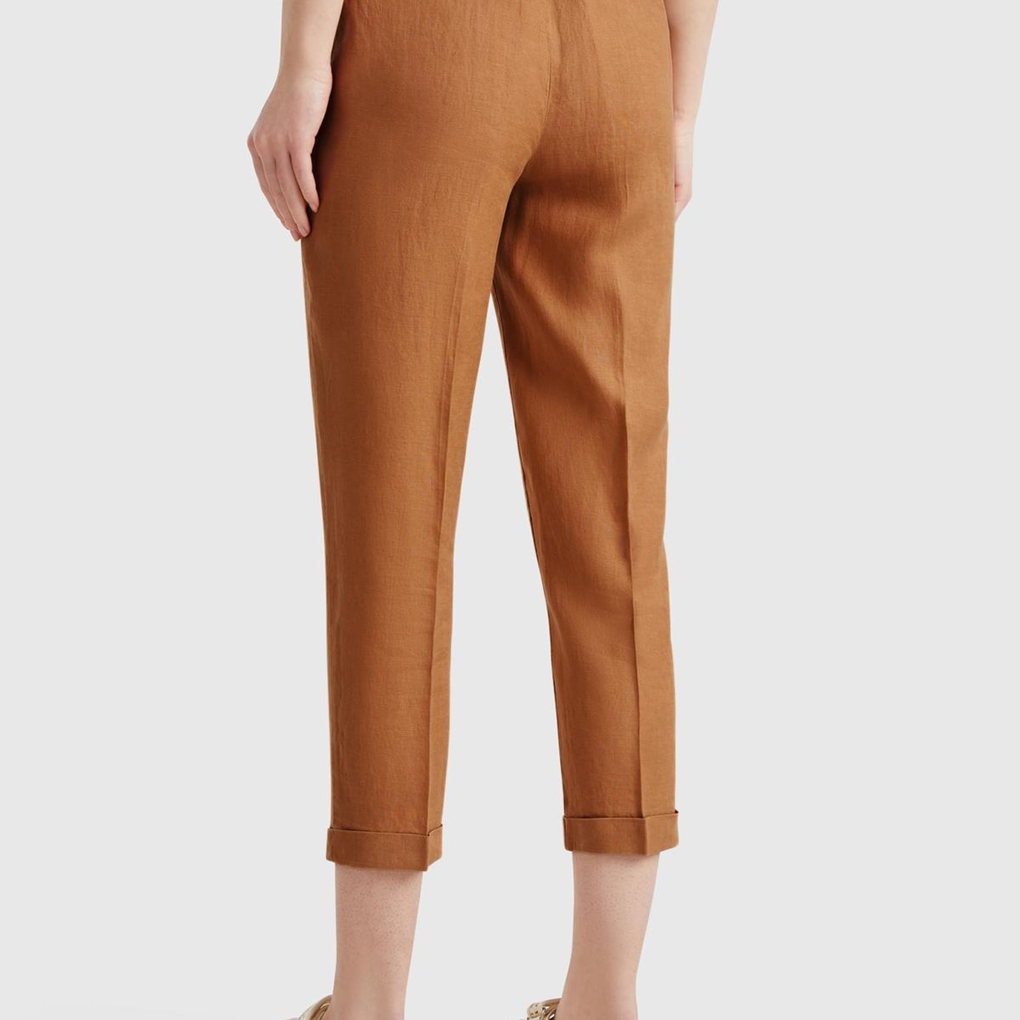 Kadın Bej %100 Keten Beli Lastikli Pantolon