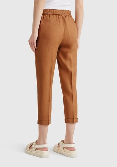  Kadın Bej %100 Keten Beli Lastikli Pantolon