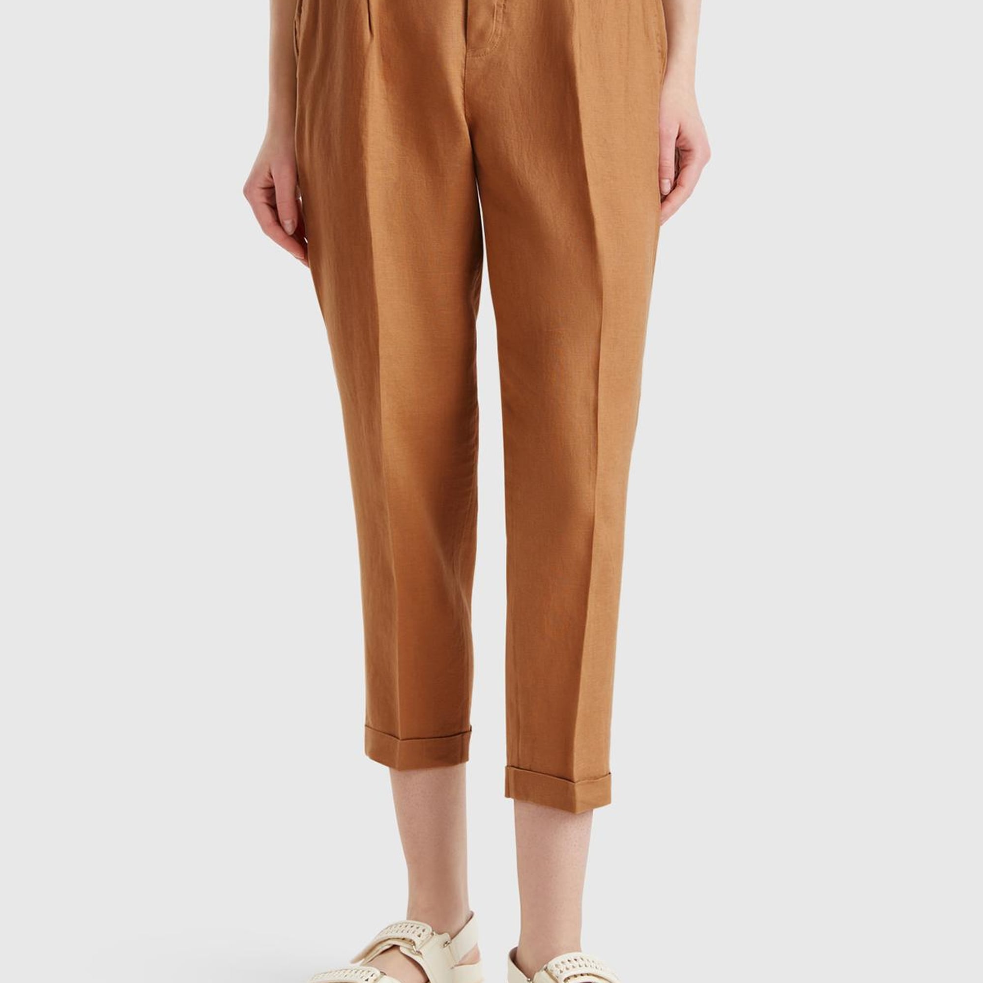 Kadın Bej %100 Keten Beli Lastikli Pantolon