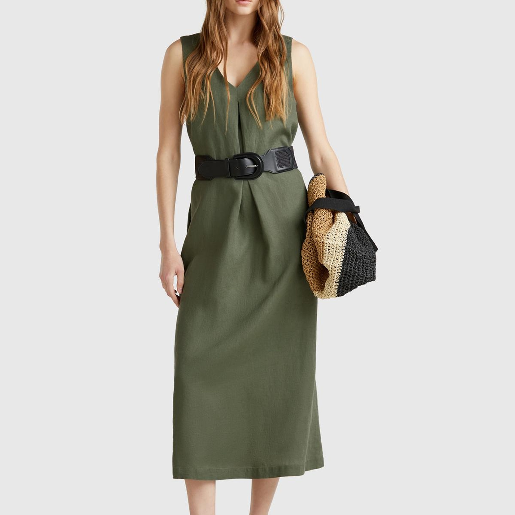 Kadın Haki %100 Keten V Yaka Kolsuz A Kesim Midi Elbise