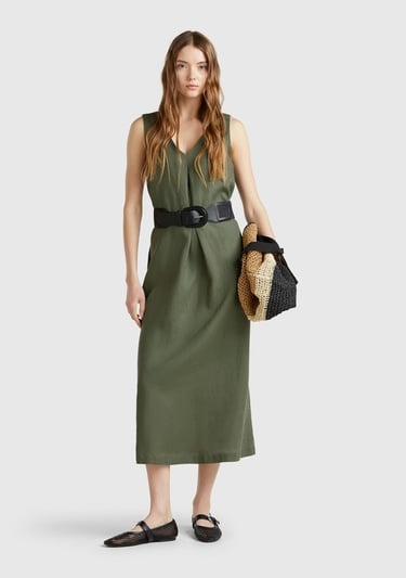  Kadın Haki %100 Keten V Yaka Kolsuz A Kesim Midi Elbise