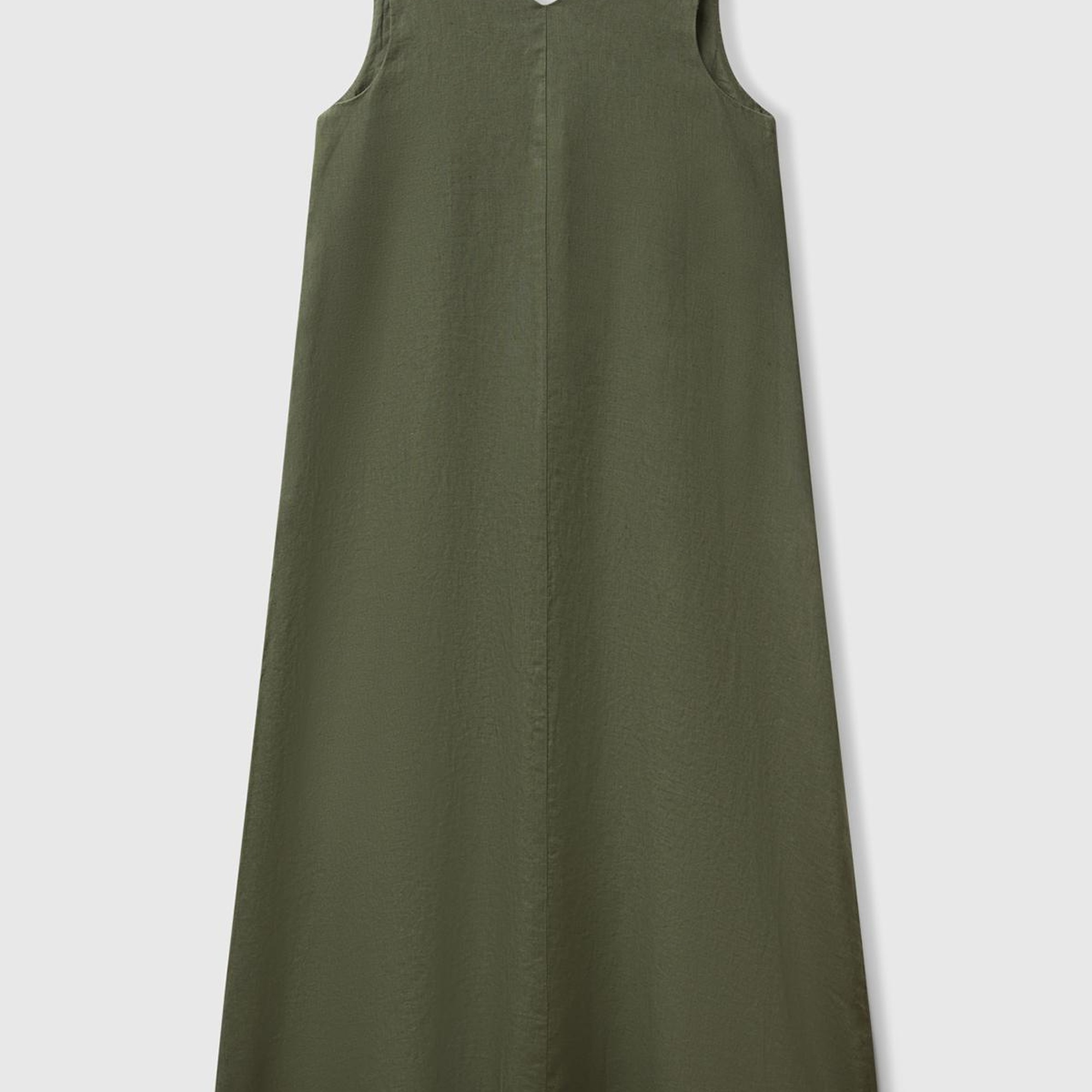 Kadın Haki %100 Keten V Yaka Kolsuz A Kesim Midi Elbise