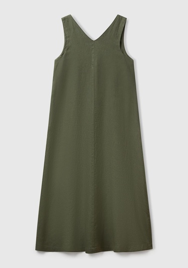 Kadın Haki %100 Keten V Yaka Kolsuz A Kesim Midi Elbise